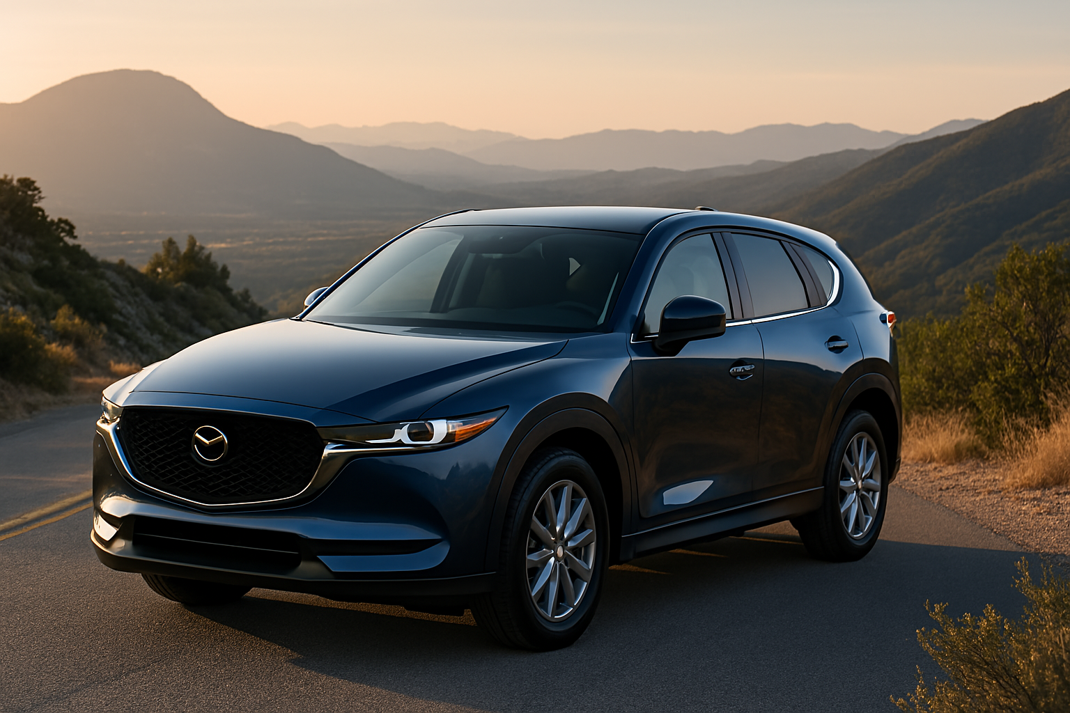 2025 Mazda CX-5 in deep blue on a winding mountain road at sunset, showcasing its sleek exterior and elegant design.