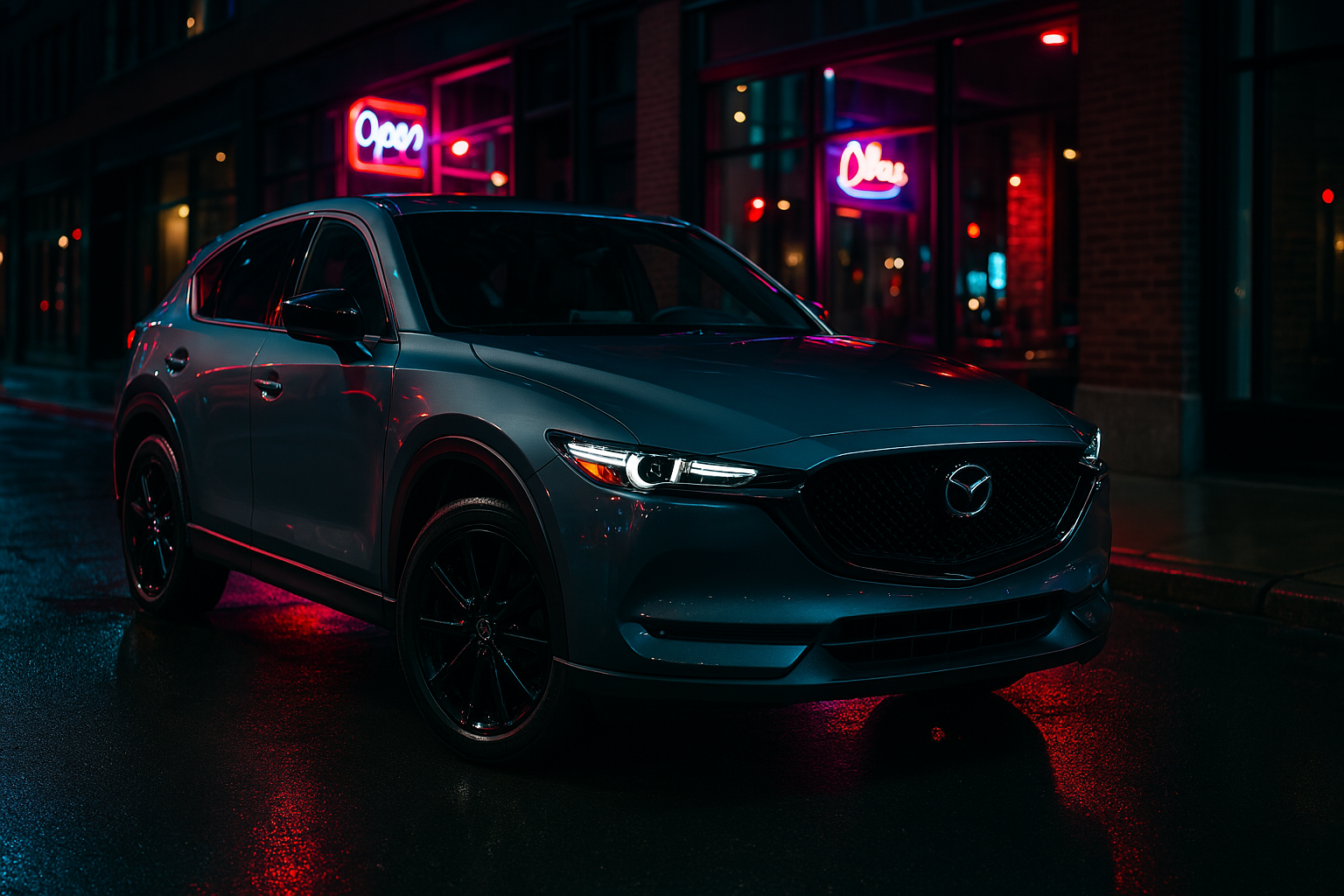 2025 Mazda CX-5 Carbon Edition in Polymetal Gray parked on a wet city street at night, illuminated by neon signs and showcasing dark chrome accents.
You said:
next image
ChatGPT said:
Image created
Rate this image
You said:
alt text
ChatGPT said:
Alt text: Interior of the 2025 Mazda CX-5 Premium Plus featuring black leather seats, digital display, climate controls, and natural light entering through the sunroof.